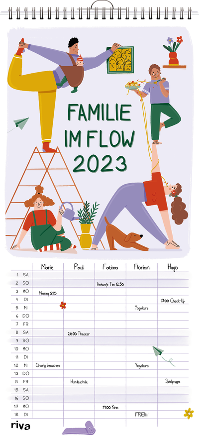 Familie im Flow 2023 - Jahresplaner mit Yoga-Illustrationen, Monatskalendarium und fünf Spalten zum Ausfüllen